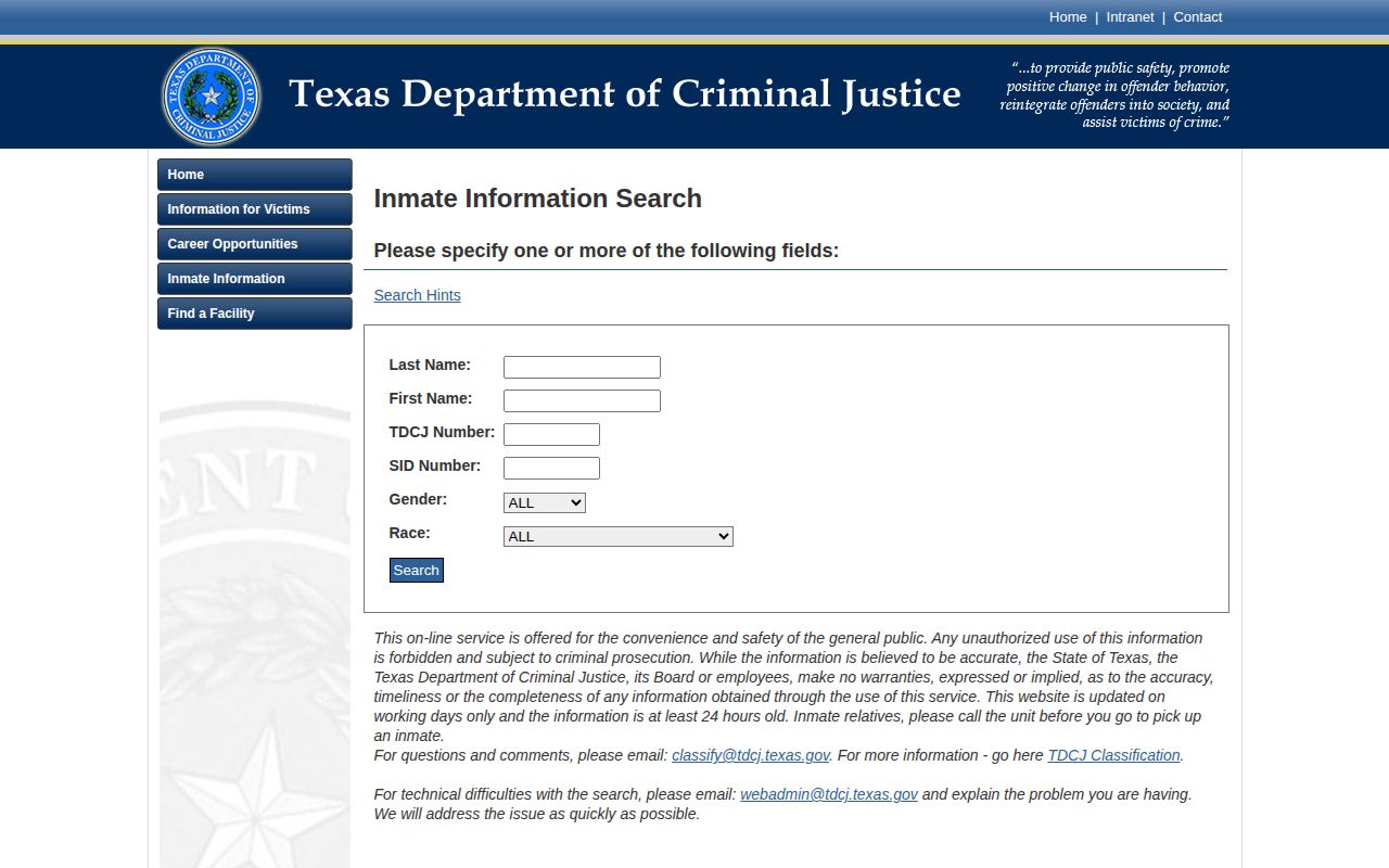 Titus County released inmate TDCJ search fields