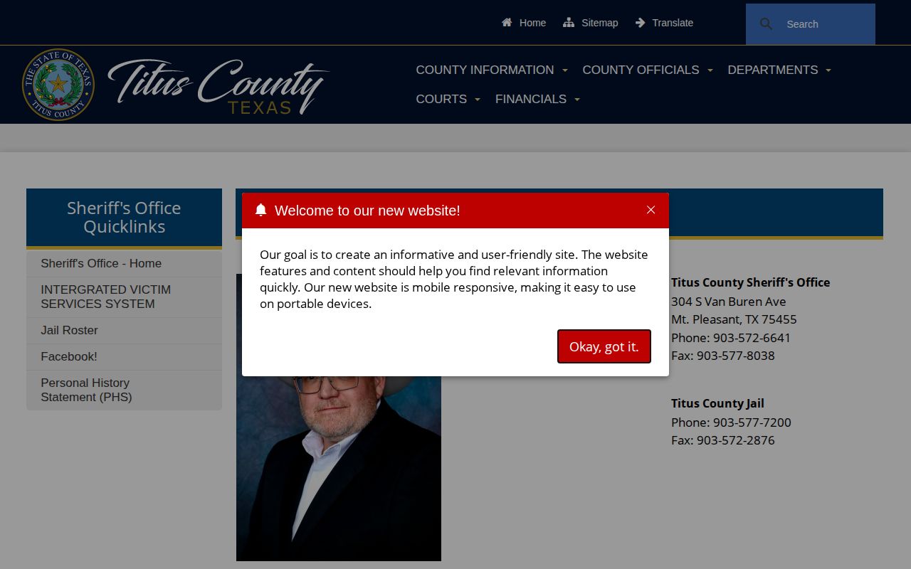 Titus County Jail release records contact page