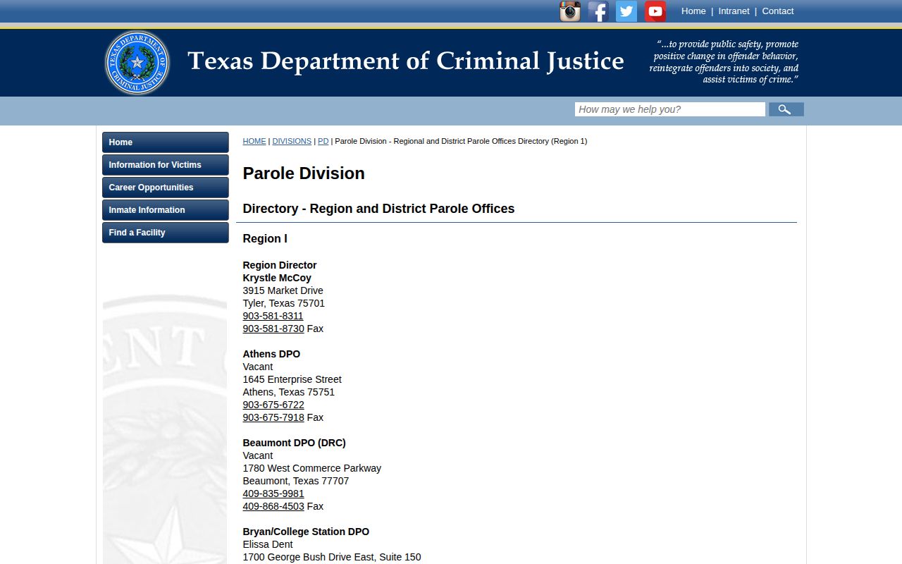 Titus County parole release supervision office listing