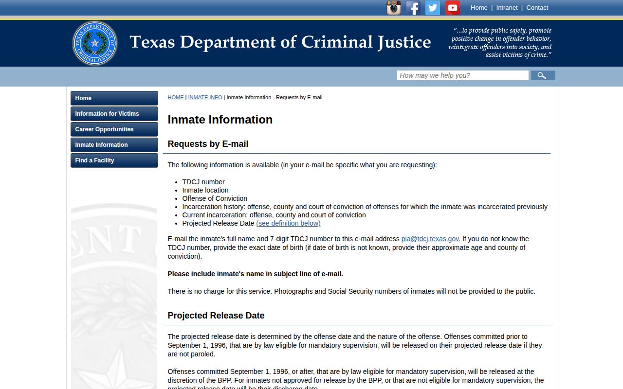 Titus County released prisoner date request through TDCJ